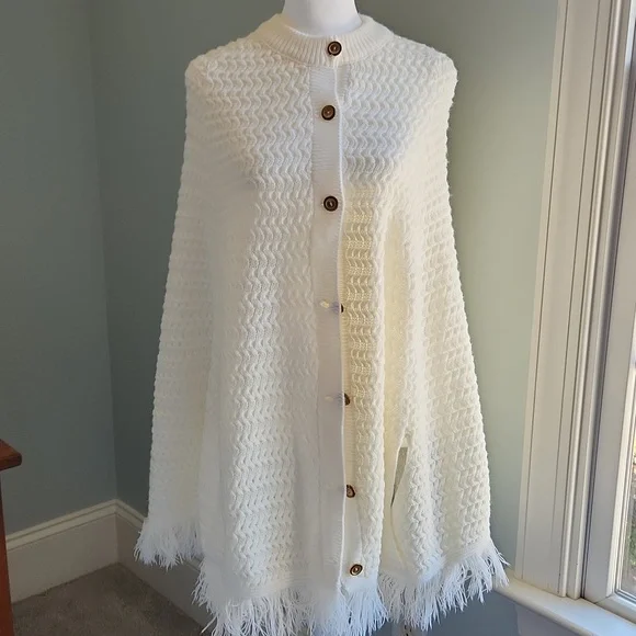 Vintage Ivory Knit Poncho with Gold Buttons - Picture 1 of 7